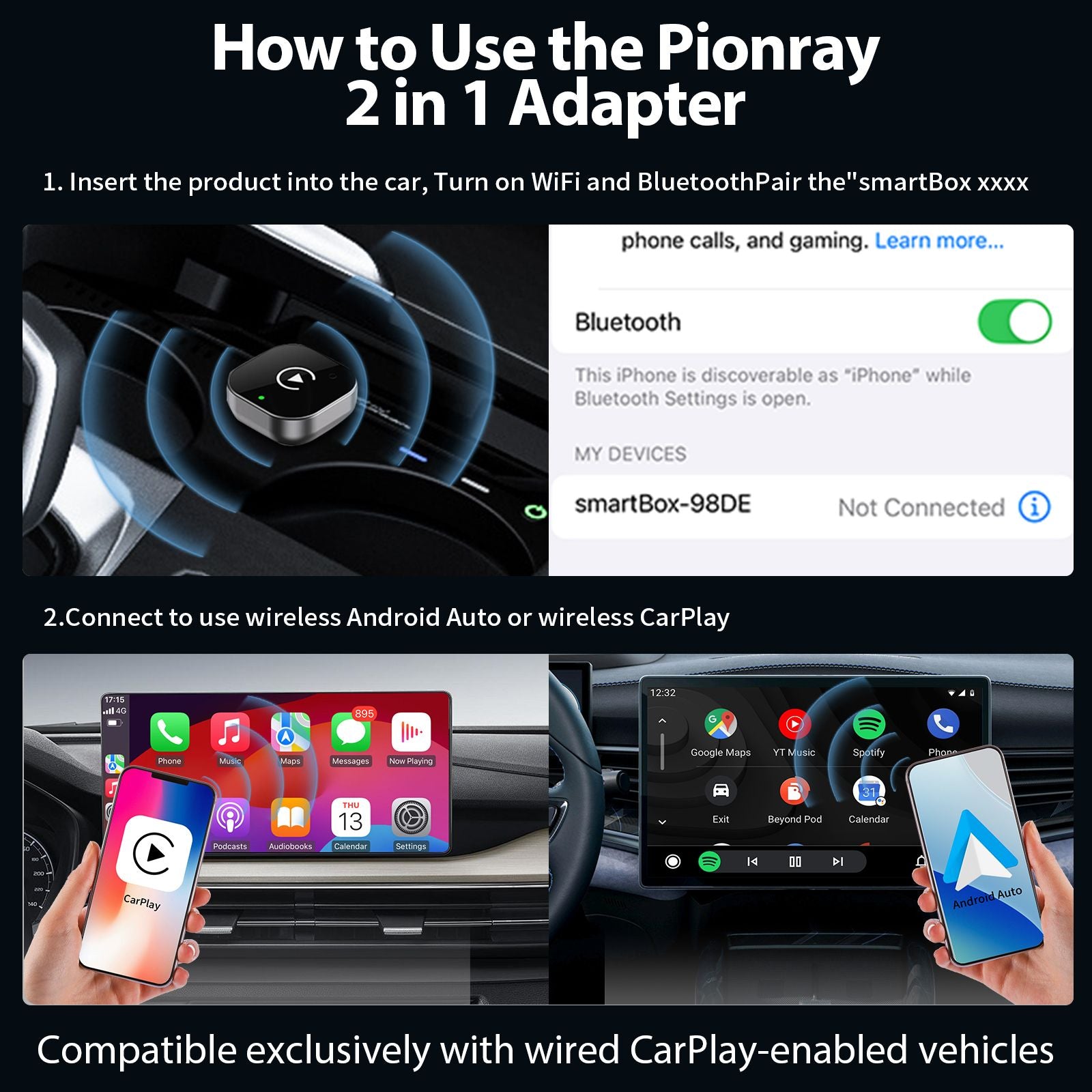 Pionray 2-in-1 Wireless CarPlay & Android Auto Adapter | For 99% of Cars Pionray Global Store