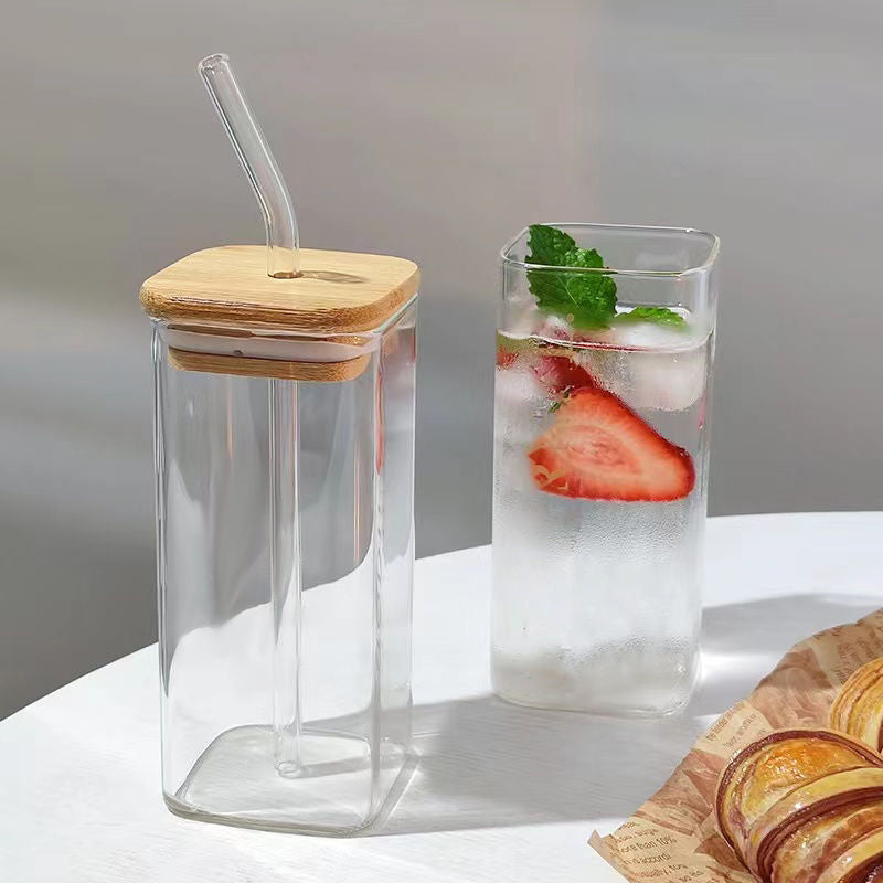 AuraGlass Minimalist Square Glass Tumbler with Lid & Straw HuaQiang AE Store