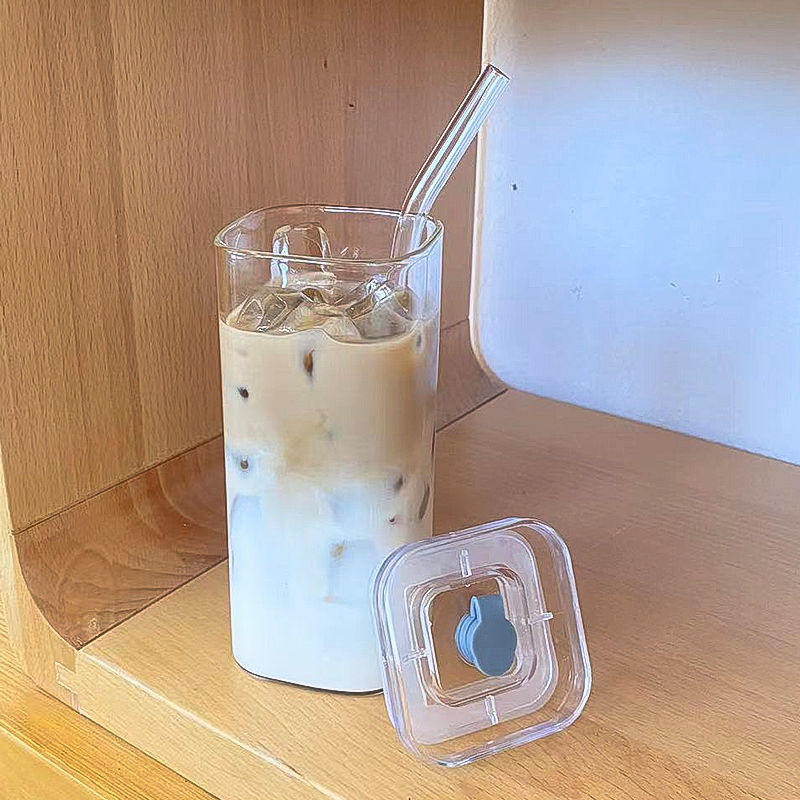 AuraGlass Minimalist Square Glass Tumbler with Lid & Straw HuaQiang AE Store