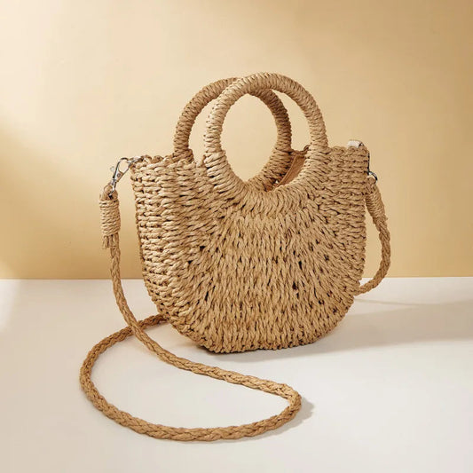 Woven Rattan Half-Moon Bag | Summer Beach & Crossbody Handbag YNOM cornerstore