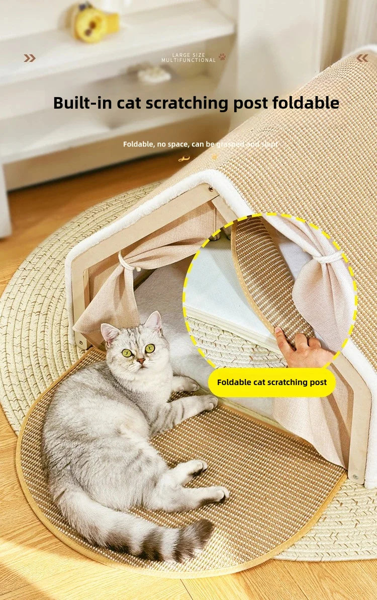The CozyClaw Foldable Cat House with Sisal Scratcher & Bed Stone's Store