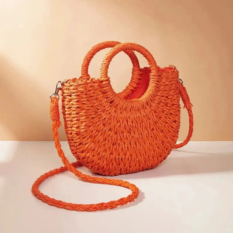 Woven Rattan Half-Moon Bag | Summer Beach & Crossbody Handbag YNOM cornerstore