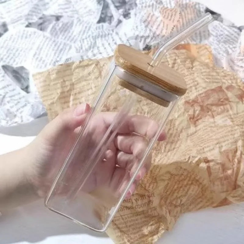 AuraGlass Minimalist Square Glass Tumbler with Lid & Straw HuaQiang AE Store